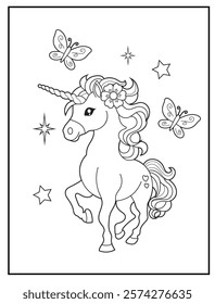 Illustration of a cute baby unicorn cartoon character. Black and white Printable Unicorn coloring page for kids.