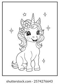 Illustration of a cute baby unicorn cartoon character. Black and white Printable Unicorn coloring page for kids.