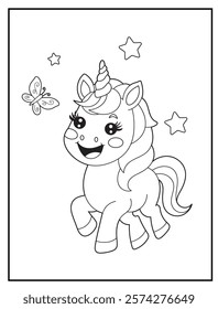 Illustration of a cute baby unicorn cartoon character. Black and white Printable Unicorn coloring page for kids.