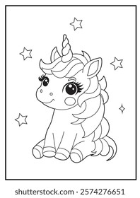 Illustration of a cute baby unicorn cartoon character. Black and white Printable Unicorn coloring page for kids.