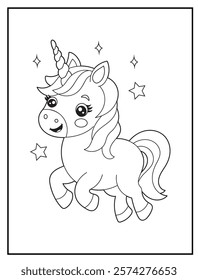 Illustration of a cute baby unicorn cartoon character. Black and white Printable Unicorn coloring page for kids.