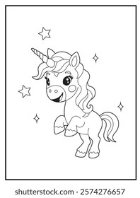 Illustration of a cute baby unicorn cartoon character. Black and white Printable Unicorn coloring page for kids.