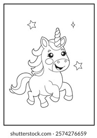 Illustration of a cute baby unicorn cartoon character. Black and white Printable Unicorn coloring page for kids.