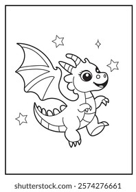 Illustration of a cute baby unicorn cartoon character. Black and white Printable Unicorn coloring page for kids.