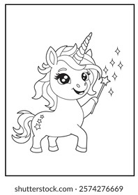 Illustration of a cute baby unicorn cartoon character. Black and white Printable Unicorn coloring page for kids.