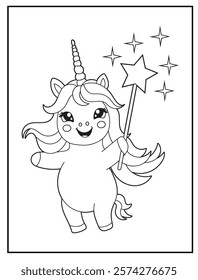 Illustration of a cute baby unicorn cartoon character. Black and white Printable Unicorn coloring page for kids.