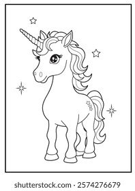 Illustration of a cute baby unicorn cartoon character. Black and white Printable Unicorn coloring page for kids.