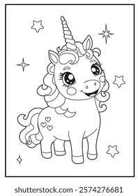 Illustration of a cute baby unicorn cartoon character. Black and white Printable Unicorn coloring page for kids.