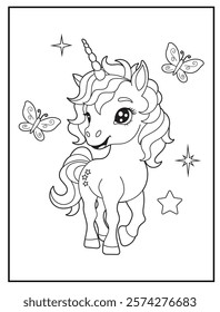 Illustration of a cute baby unicorn cartoon character. Black and white Printable Unicorn coloring page for kids.