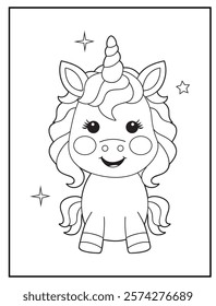 Illustration of a cute baby unicorn cartoon character. Black and white Printable Unicorn coloring page for kids.