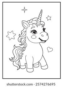 Illustration of a cute baby unicorn cartoon character. Black and white Printable Unicorn coloring page for kids.