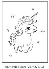 Illustration of a cute baby unicorn cartoon character. Black and white Printable Unicorn coloring page for kids.