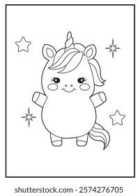 Illustration of a cute baby unicorn cartoon character. Black and white Printable Unicorn coloring page for kids.