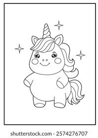 Illustration of a cute baby unicorn cartoon character. Black and white Printable Unicorn coloring page for kids.