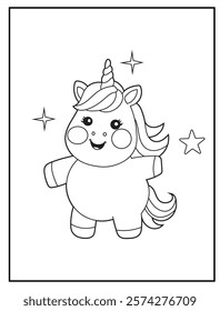 Illustration of a cute baby unicorn cartoon character. Black and white Printable Unicorn coloring page for kids.