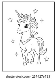 Illustration of a cute baby unicorn cartoon character. Black and white Printable Unicorn coloring page for kids.