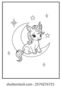 Illustration of a cute baby unicorn cartoon character. Black and white Printable Unicorn coloring page for kids.