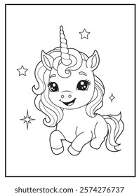 Illustration of a cute baby unicorn cartoon character. Black and white Printable Unicorn coloring page for kids.