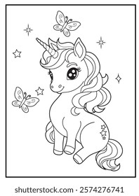 Illustration of a cute baby unicorn cartoon character. Black and white Printable Unicorn coloring page for kids.