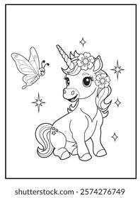 Illustration of a cute baby unicorn cartoon character. Black and white Printable Unicorn coloring page for kids.