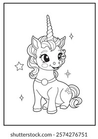 Illustration of a cute baby unicorn cartoon character. Black and white Printable Unicorn coloring page for kids.