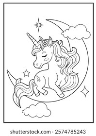 Illustration of a cute baby unicorn cartoon character. Black and white Printable Unicorn coloring page for kids.