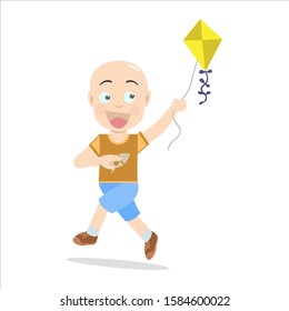 illustration of cute bald boy playing kite
