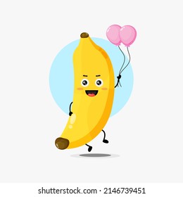 Illustration of cute banana character carrying balloon