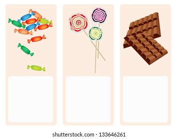 An Illustration Cute Banner of Sweet Food, Bar of Milk Chocolate, Wrapped Hard Candy and Colorful Lollipops with Copy Space for Text Decorated