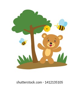 Illustration of cute bear and bee under tree.