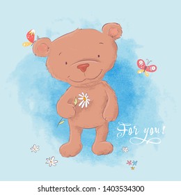 Illustration of a cute bear with a camomile. Hand draw