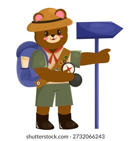 Ilustración de un oso lindo con equipo de camping leyendo direcciones y caminos usando una brújula