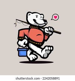 Illustration of a cute bear carrying a fishing rod and a bucket. Happy Father Day greeting card with fishing time. Graphic cartoon t-shirt for kids