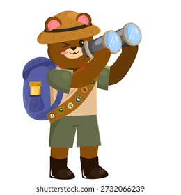 Ilustración de un personaje de oso lindo en ropa de camping observando pájaros con binocular
