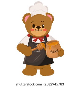 Illustration of a cute bear character in a chef's uniform holding a honey jar in his hand