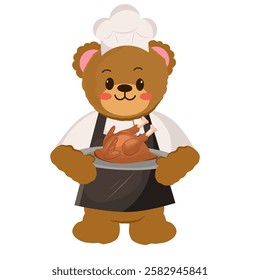 Illustration of cute bear chef with roasted chicken dish in his hand