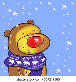 Illustration of cute bear with christmas scarf and doodle snowflakes