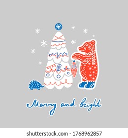 ilustración de oso lindo y árbol de navidad al estilo escandinavo. dibujado a mano. banner de postales de Año Nuevo y navidad, impresión textil