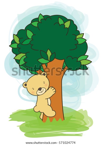 Illustration Cute Bear Cub Climbing Tree Stock Vector (Royalty Free