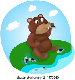 Illustration Of Cute Bear Eating Fish 