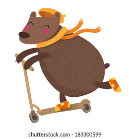 Illustration of a cute bear in the hat, scarf and sneakers riding a scooter, isolated on white