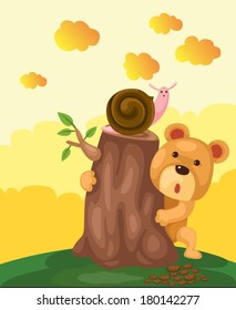 illustration of cute bear hiding  behind stump