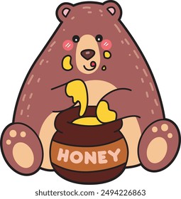 Illustration of cute bear icon.
Funny bear in daily activities elements.
A big bear eating honey in the pot