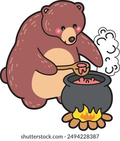 Illustration of cute bear icon.
Funny bear in daily activities elements.
A big bear cooking a soup