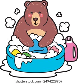 Illustration of cute bear icon.
Funny bear in daily activities elements.
A big bear washing clothes.