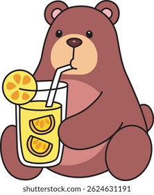 Illustration of cute bear icon.
Funny bear in daily activities elements.
baby bear drinking an orange juice
