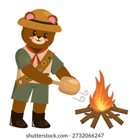 Illustration eines süßen Bären, der ein Lagerfeuer mit einem Ventilator in der Hand anzündet