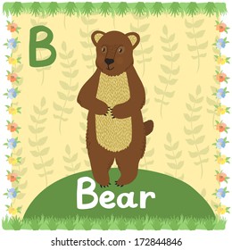 Illustration of cute bear on the background with floral elements. Vector card of animal alphabet