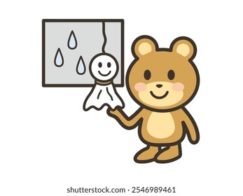 An illustration of a cute bear praying for clear skies with a Teru Teru Bouzu because it's raining