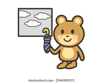 An illustration of a cute bear preparing a folding umbrella because it's cloudy and it looks like it's going to rain